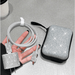 Kit de Estuche Organizador con Protectores para Cargador de Teléfono Diseño Brillos Plateado