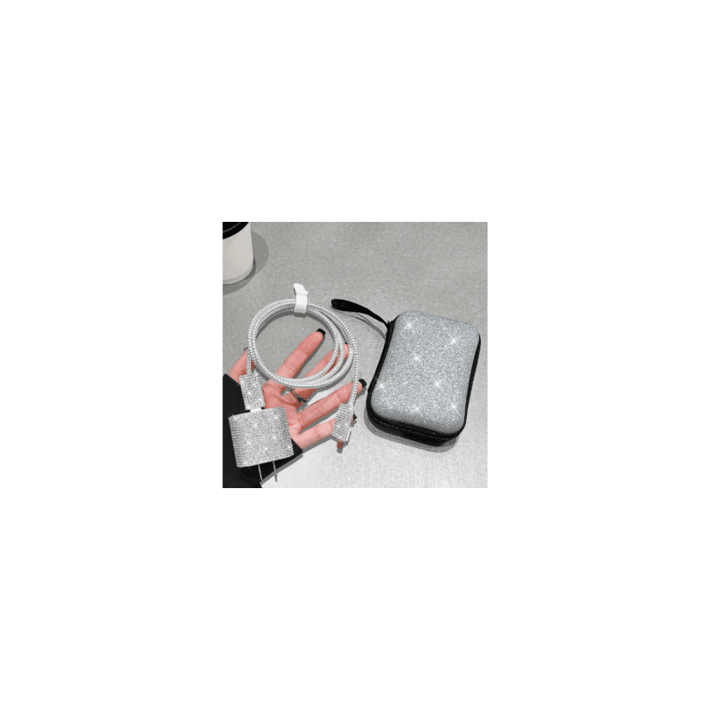 Kit de Estuche Organizador con Protectores para Cargador de Teléfono Diseño Brillos Plateado