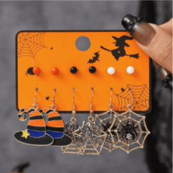 Pack de 6 Pares de Aretes Boton y Colgantes Diseños Halloween