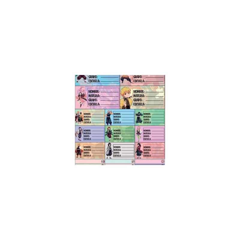 Planilla con 25 Etiquetas Escolares de Materias Tamaño Carta Demon Slayer