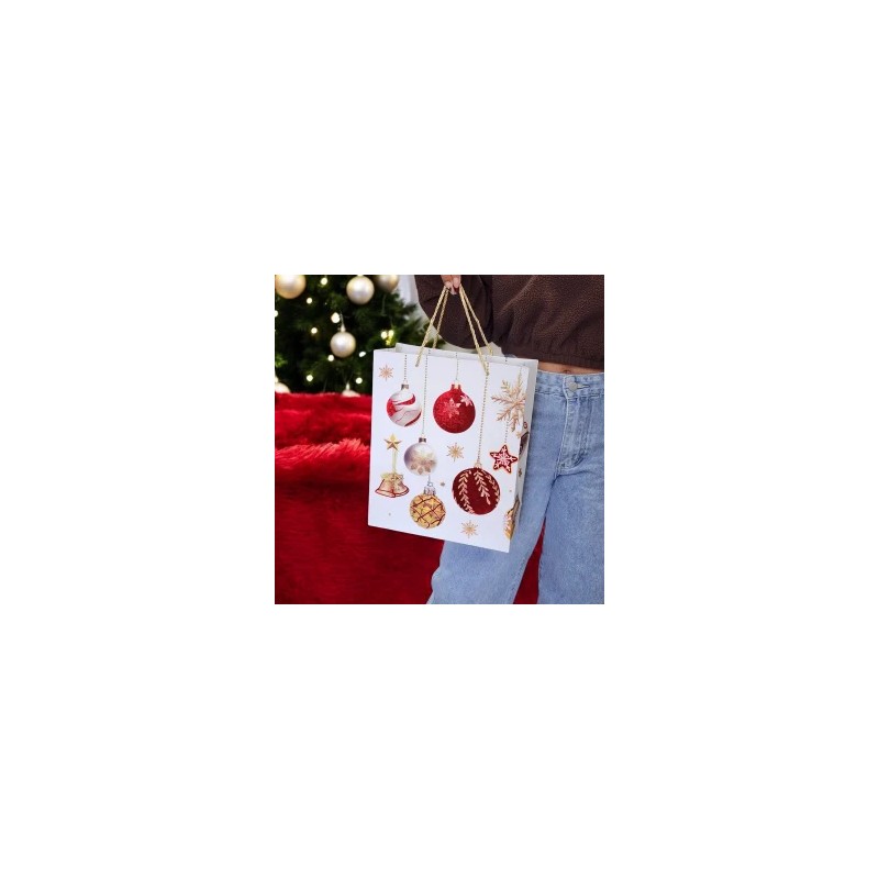Bolsa de Regalo Navideña Metalica Esferas Rojas Mediana